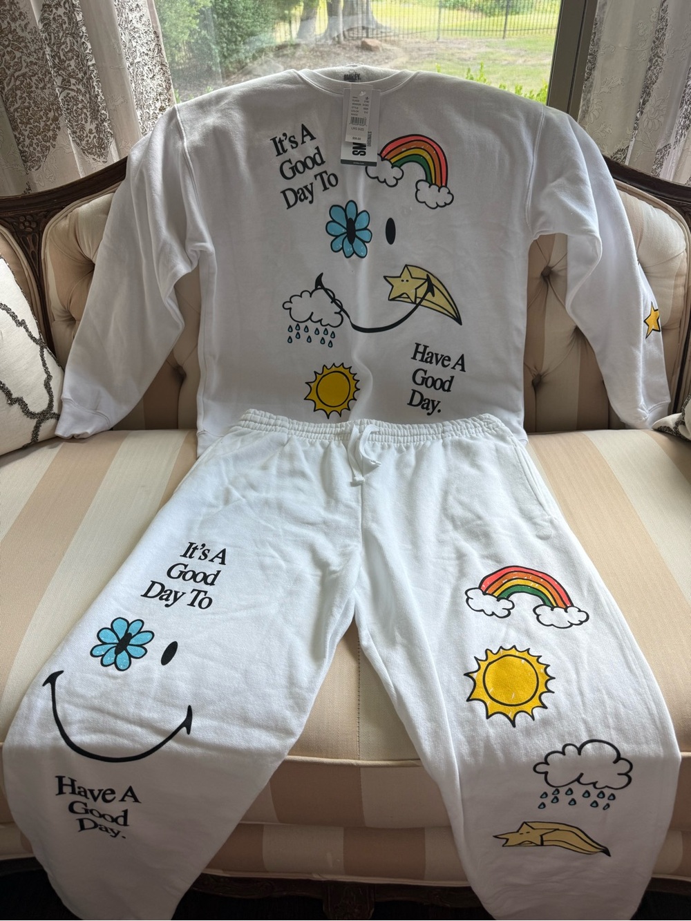 White Women's Graphic Sweatpants Jumpsuit Set - Positive Day Designs 🌈